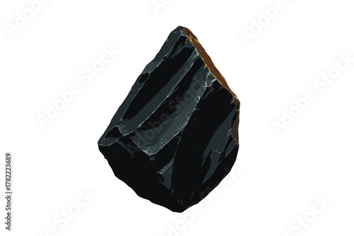 Sharp black obsidian stone fragment or primitive tool isolated on white background