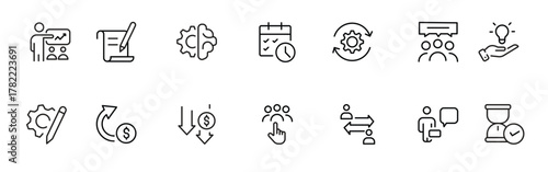 Line icons about action plan. Contains such icons as search strategy, target, scheme, timeline and workflow.Action plan set of web icons in line style.