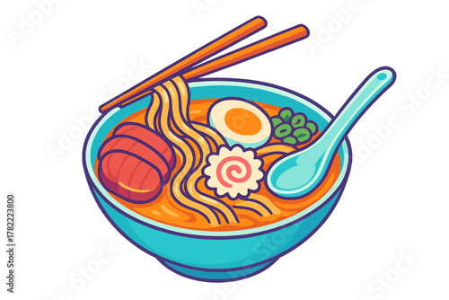 Japanese ramen soup bowl with noodles, sliced pork, boiled egg, narutomaki, and chopsticks
