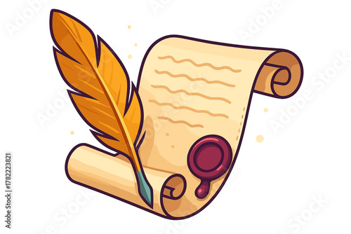 Ancient rolled parchment scroll with feather quill and traditional red wax seal