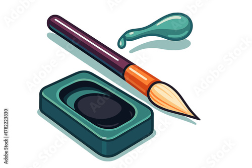 Stylized paintbrush and ink well or paint tray with a dripping drop of teal liquid