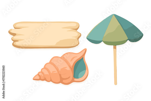 Wooden sign, seashell, and striped umbrella, essential summer beach elements isolated on white