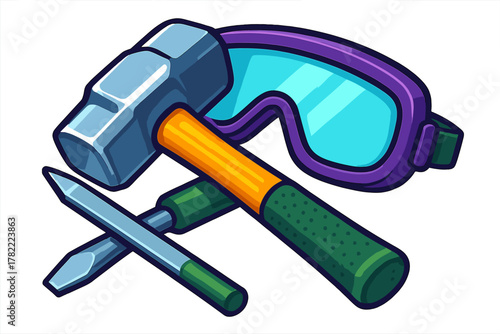 Sledgehammer, chisel, and protective safety goggles for construction and repair work