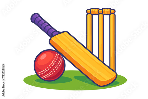 Wooden cricket bat, red stitched ball, and wicket stumps standing on green grass