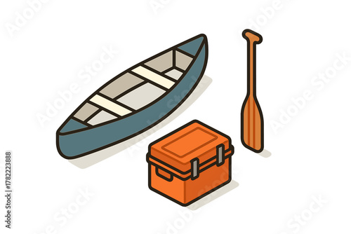 Classic camping and canoeing equipment set with a boat, paddle, and insulated storage cooler
