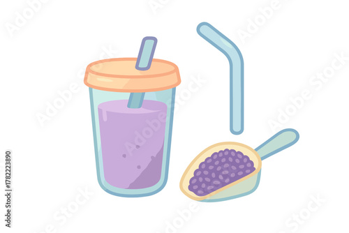 Cute cartoon bubble tea drink with tapioca pearls, reusable straw, and boba ingredients scoop