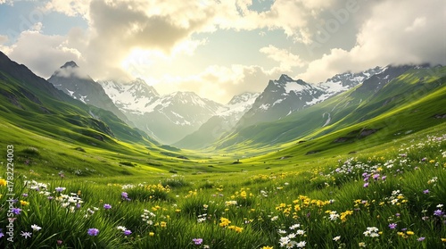 Fototapeta Naklejka Na Ścianę i Meble -  Breathtaking mountain meadow landscape with wildflowers and snow capped peaks in summer