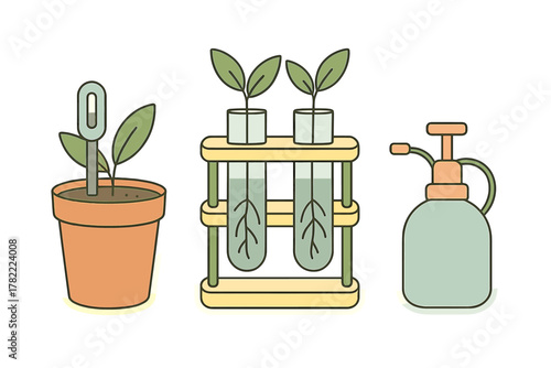 Set of botanical research and gardening tools with potted plant and test tubes
