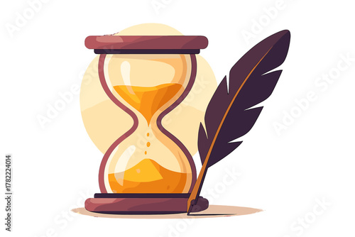 Antique hourglass sand timer and feather quill pen representing history and time