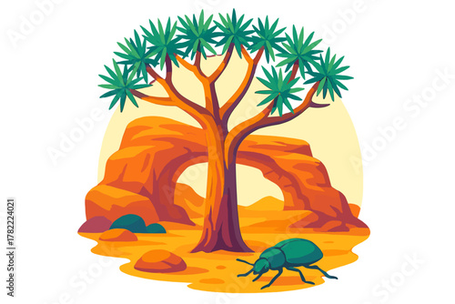 Stylized desert landscape with Joshua tree, natural rock arch, and large green beetle on sand