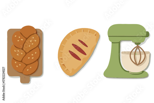 Collection of baking and kitchen items featuring braided bread, sweet hand pie, and retro stand mixer