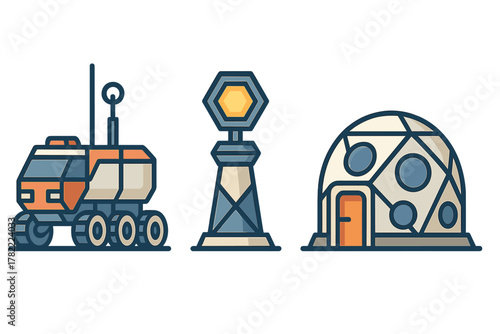 Planetary exploration colony elements set with rover habitat and communication tower