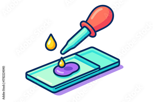 Dropper dispensing chemical liquid sample onto a glass microscope slide for laboratory analysis