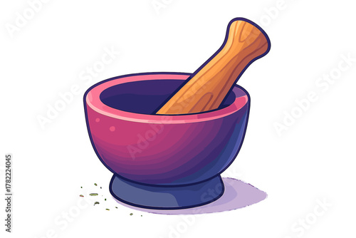 Colorful kitchen utensil mortar and pestle for crushing spices and ingredients