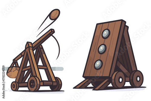 Medieval wooden catapult launching a stone projectile towards a wheeled target shield