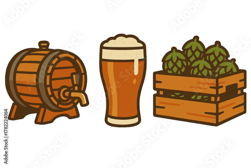 Set of vintage beer brewing elements including wooden barrel, glass of ale, and hops