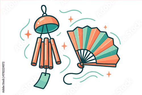 Colorful Japanese furin wind chime and sensu folding fan representing summer