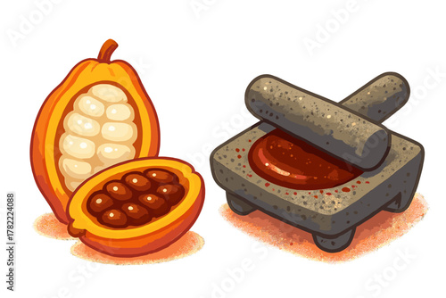 Cacao pod cut open showing fresh beans next to traditional stone metate grinding tool