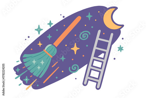 Magical broomstick flying across the purple night sky toward a ladder reaching the moon