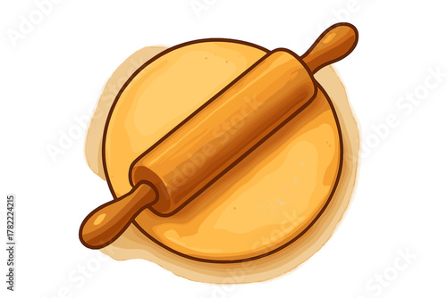 Classic wooden rolling pin placed across a round sheet of fresh pastry dough