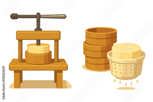 Traditional wooden screw press applying pressure to cheese curd in a perforated mold for draining whey