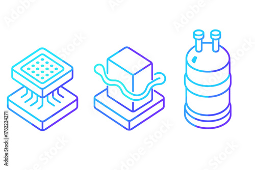 Isometric line drawings of technology components, data processing, and industrial storage containers