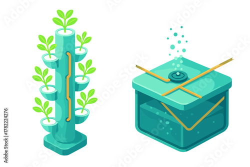 Modern vertical hydroponic farming system tower and water reservoir tank setup for sustainable agriculture
