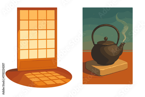 Traditional Japanese shoji screen and cast iron teapot steaming under a starry night sky