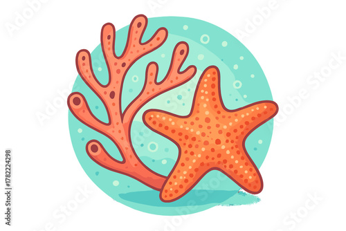 Orange starfish and red coral reef organism in a turquoise underwater circle