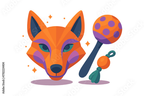 Vibrant geometric fox head portrait paired with an orange and purple maraca