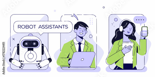 Robot assistants and human customer service representatives collaborating in a modern digital workspace