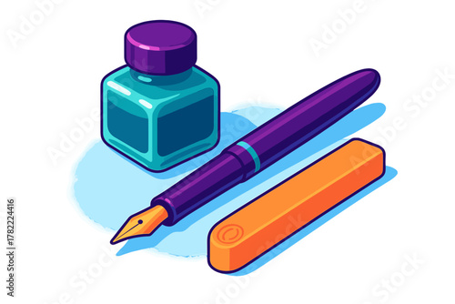 Isometric fountain pen and ink bottle in vibrant purple and teal colors