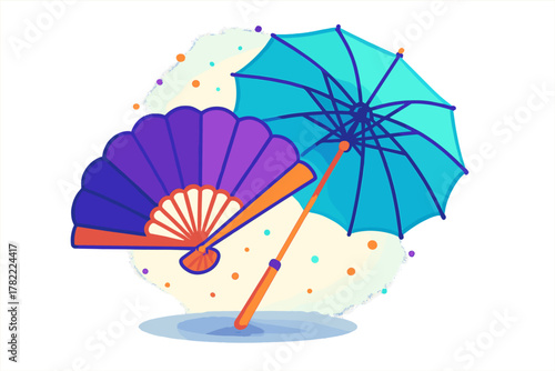 Brightly colored summer accessories: a teal parasol and a purple folding fan