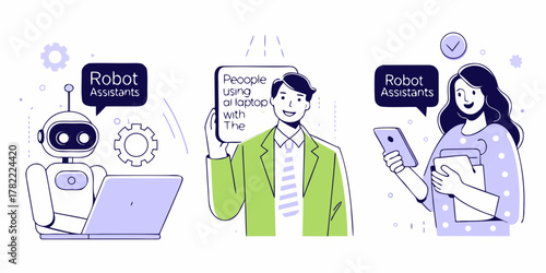 Robot assistants helping people with technology and tasks in a modern digital world
