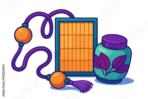 Traditional Asian decorative objects including a bamboo screen, ornate tassel cord, and a stylized ceramic jar