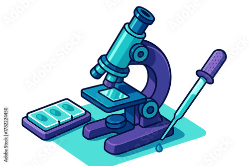 Stylized laboratory microscope equipment with pipette and prepared slides for scientific research