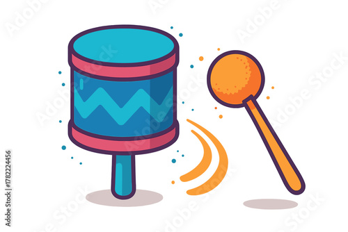 Colorful toy drum and mallet musical instrument in playful flat style