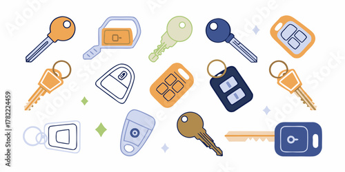 Collection of modern car keys and key fobs in various colors and styles on a white background