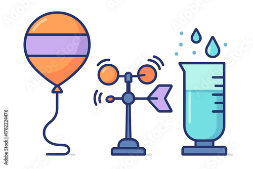Scientific and meteorological instruments collection featuring weather balloon, anemometer, and measuring beaker