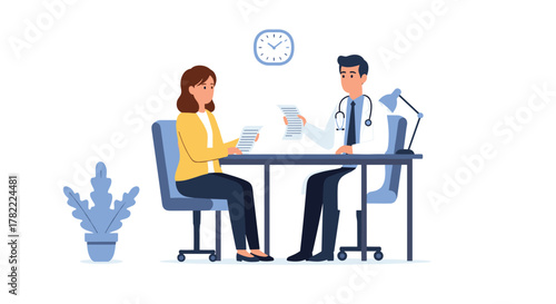 Confident doctor consults with patient discussing medical results in a professional, modern office setting