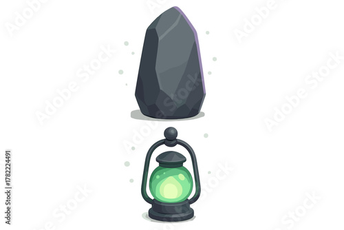 Stylized dark gray standing stone and glowing green vintage oil lantern isolated on white