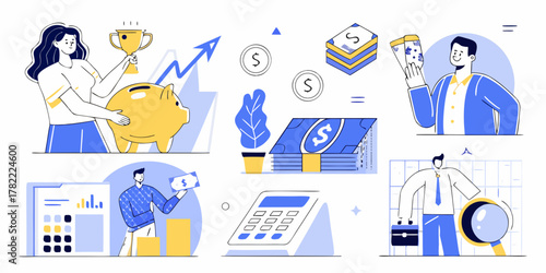 Financial planning and investment growth concept with piggy bank trophy and money