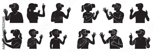 Set of black silhouettes of people of different genders and ages wearing virtual reality headsets and interacting with digital interface isolated on white background. VR technology, gaming experience