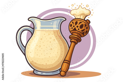 Traditional wooden whisk next to a glass pitcher filled with creamy holiday beverage