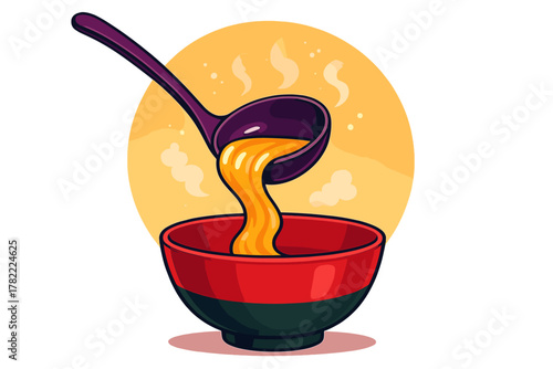 Hot soup or broth being poured from a ladle into a colorful ceramic bowl