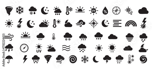 Set of Black silhouettes of various weather icons including sun, cloud, lightning, wind and other isolated on white background. concept of meteorology, climate symbols, illustration, collection