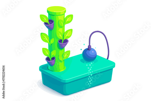 Modern vertical farming tower structure with plants and a nutrient reservoir pump