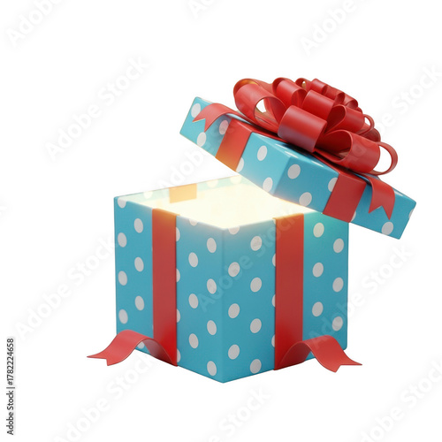 Open blue gift box with white polka dots and red ribbon glowing with bright light inside on a background isolated on a transparent background