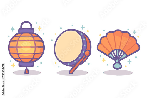 Glowing paper lantern, hand drum, and open folding fan representing Asian culture