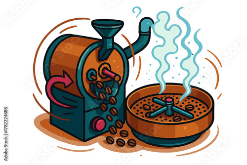 Traditional coffee roasting machine processing raw beans and releasing steam into the cooling tray